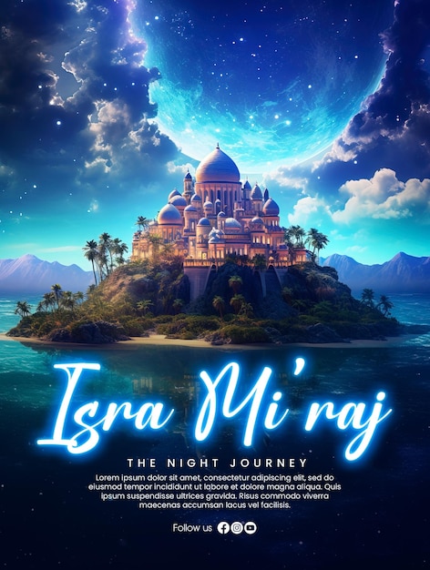 Plantilla de póster isra miraj con una mezquita mística emite luz hacia el cielo en el fondo