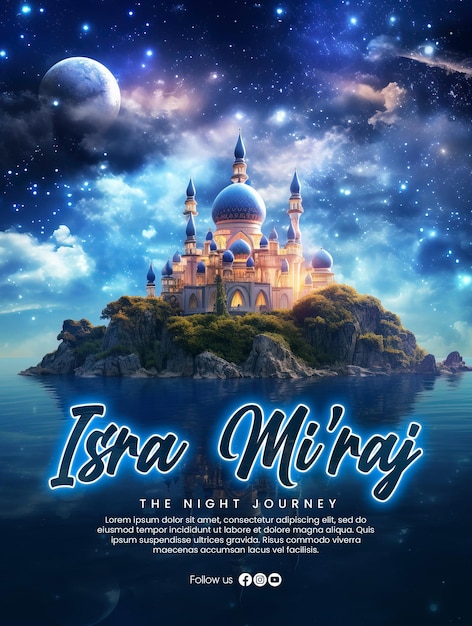 PSD plantilla de póster isra miraj con una mezquita mística emite luz hacia el cielo en el fondo