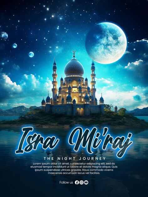 Plantilla de póster isra miraj con una mezquita mística emite luz hacia el cielo en el fondo