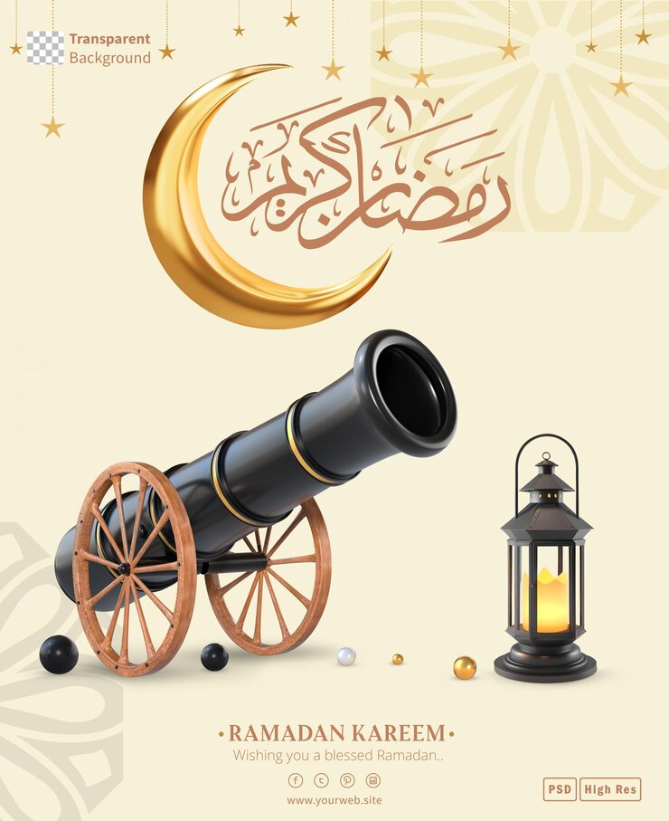 plantilla de póster Kareem de Ramadán con representación en 3D del cañón de Ramadá con linterna y luna creciente
