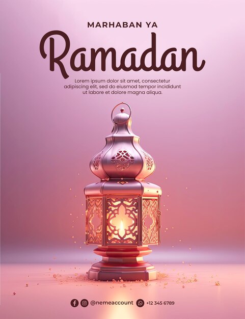 Plantilla de póster de marhaban ya ramadan con en un fondo pastel rosa una linterna de ramadan en el blanco