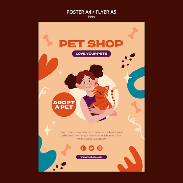 Plantilla de póster de mascota de diseño plano