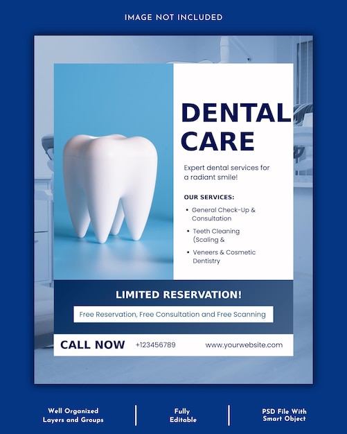 Plantilla de póster de los medios sociales para el dentista y el cuidado dental