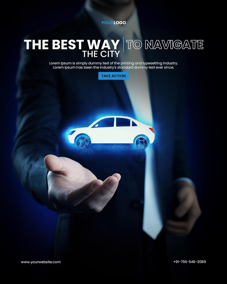 PSD plantilla de póster de micromovilidad de alquiler de automóviles flexible con un hombre de negocios que sostiene un icono de automóvil virtual brillante contra un fondo azul