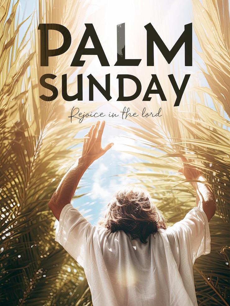 plantilla de póster de palma del domingo con Jesús alabado en tela de lino blanco soplada por el sol.