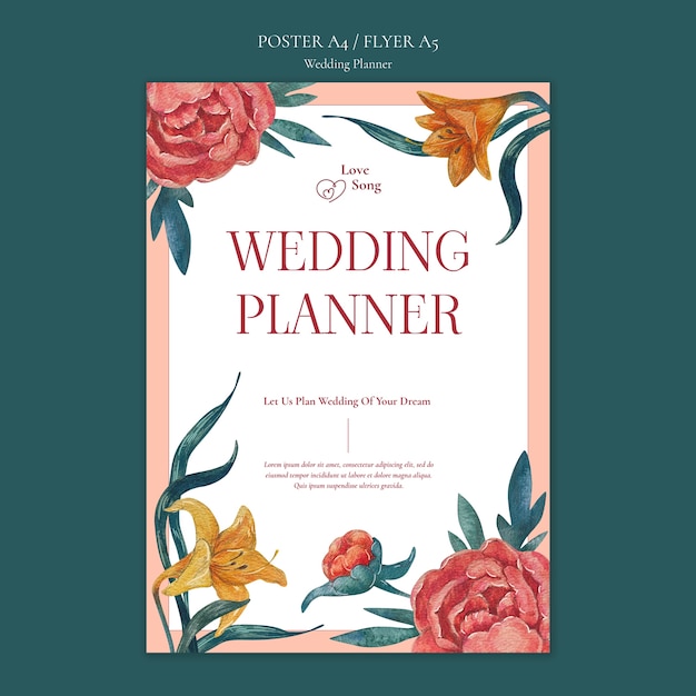 Plantilla de póster de planificador de bodas en acuarela