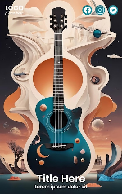 Plantilla de póster premium con ilustración de guitarra surrealista