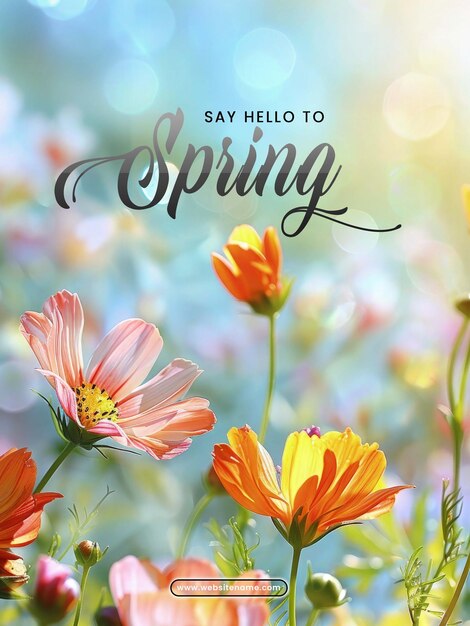 PSD plantilla de póster de primavera con fondo de flores de primavera borrosas en blanco abstracto