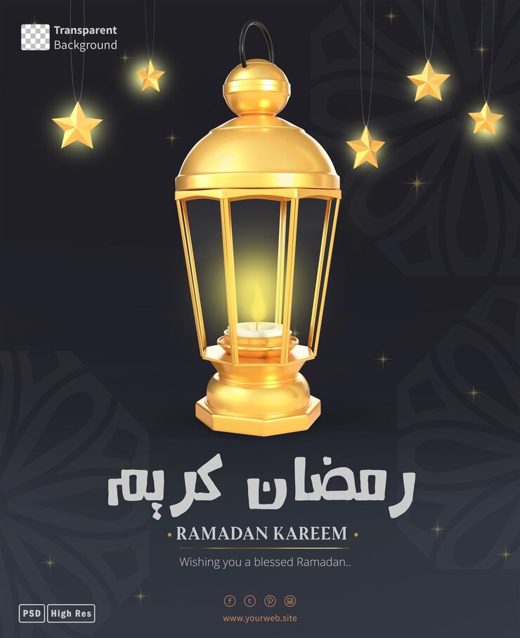 PSD plantilla de póster de ramadan kareem con renderización en 3d de linterna dorada y estrellas colgantes