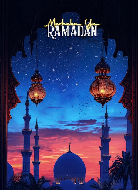 PSD plantilla de póster de ramadán mubarak con gran linterna y mezquita