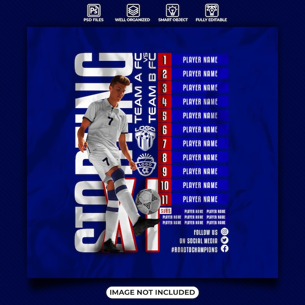 Plantilla de póster de redes sociales del equipo de fútbol once inicial