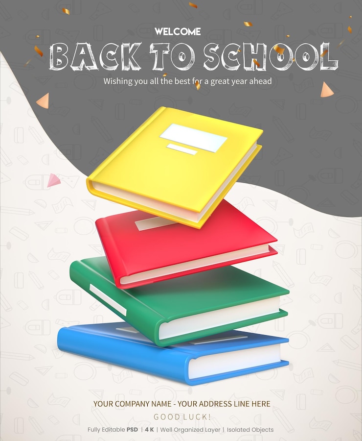 PSD plantilla de póster de regreso a la escuela con renderizado 3d de libros cerrados que caen