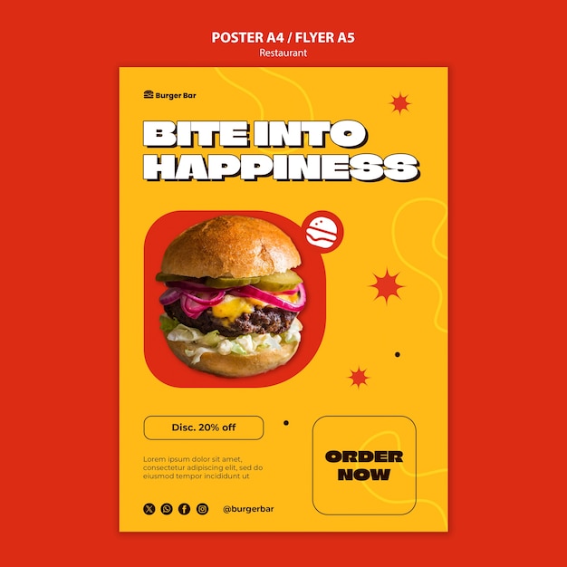 PSD plantilla de póster de restaurante de comida deliciosa de diseño plano