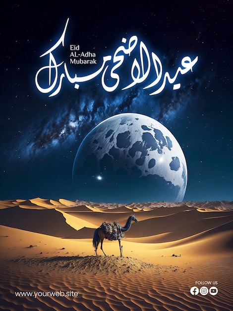 Plantilla de póster de saludo de eid aladha con fondo de desierto