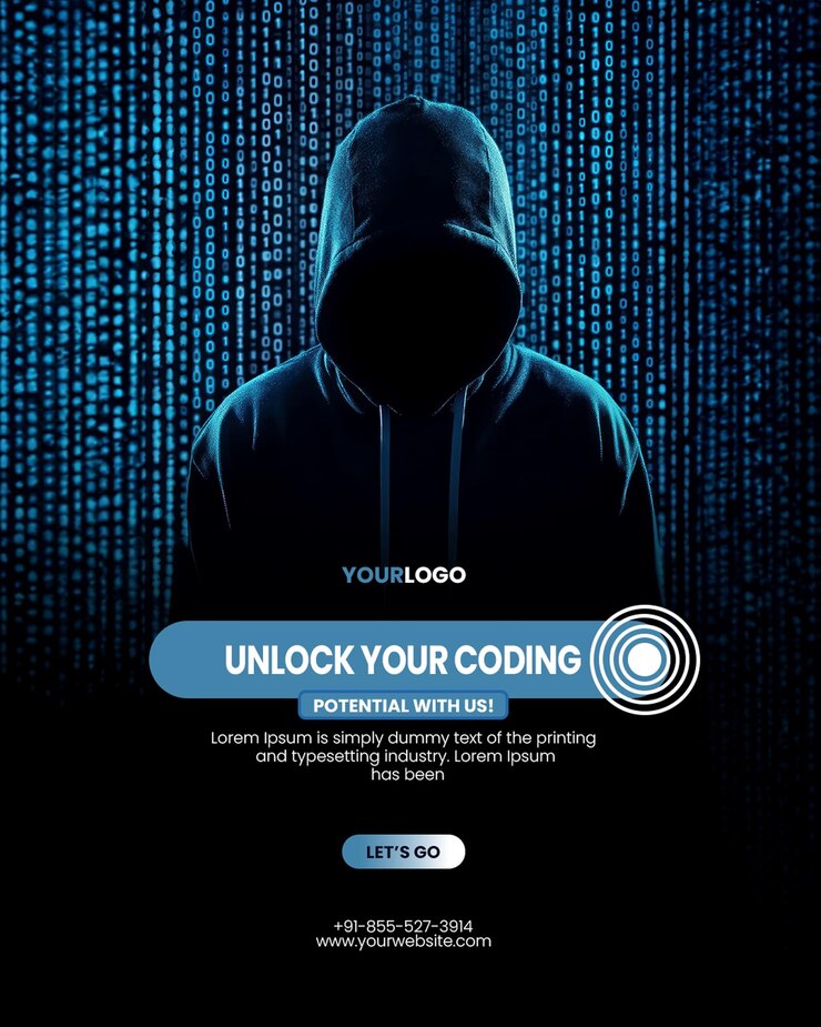 PSD plantilla de póster de taller de codificación en línea con hacker en una sudadera oscura rodeado de código binario