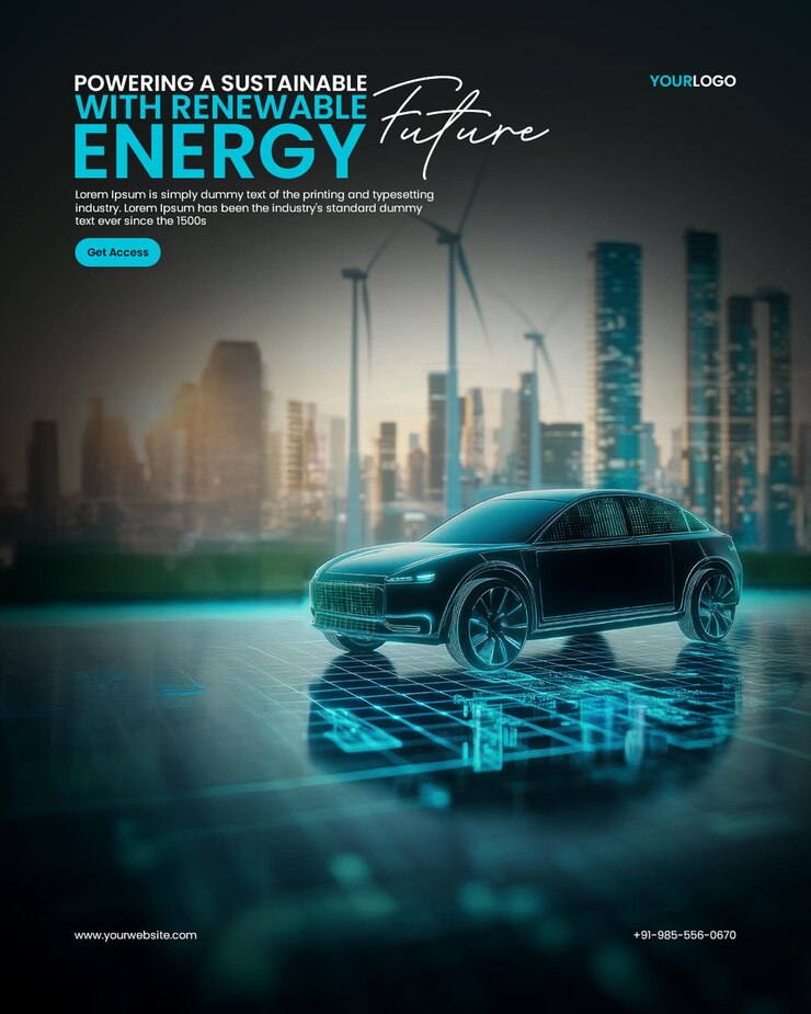 plantilla de póster de turbinas eólicas de tecnología verde con un automóvil eléctrico futurista en una red digital con turbinas éólicas y rascacielos en el fondo destaca la energía renovable