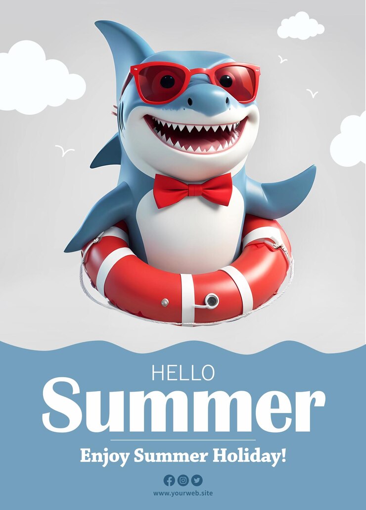plantilla de póster de vacaciones de verano con tiburón 3d usando gafas de sol y usando anillo inflable