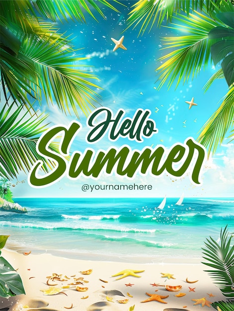 PSD plantilla de póster de verano con una escena de playa