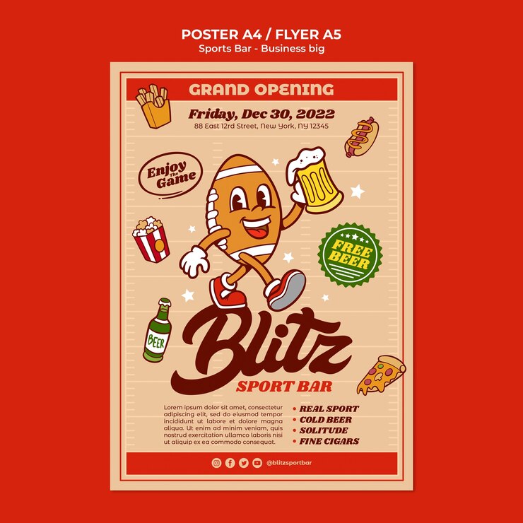 PSD plantilla de póster vertical de bar deportivo para fanáticos y ocio