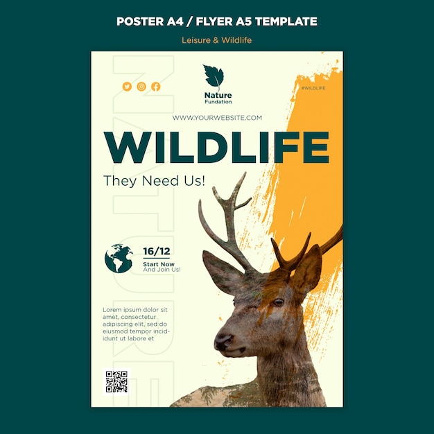 PSD plantilla de póster vertical de conservación de la naturaleza y la vida silvestre