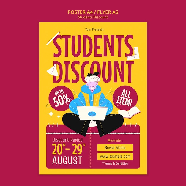 PSD plantilla de póster vertical para descuentos y ofertas para estudiantes