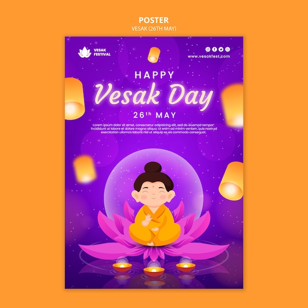 Plantilla de póster vertical del día de vesak con linternas de papel