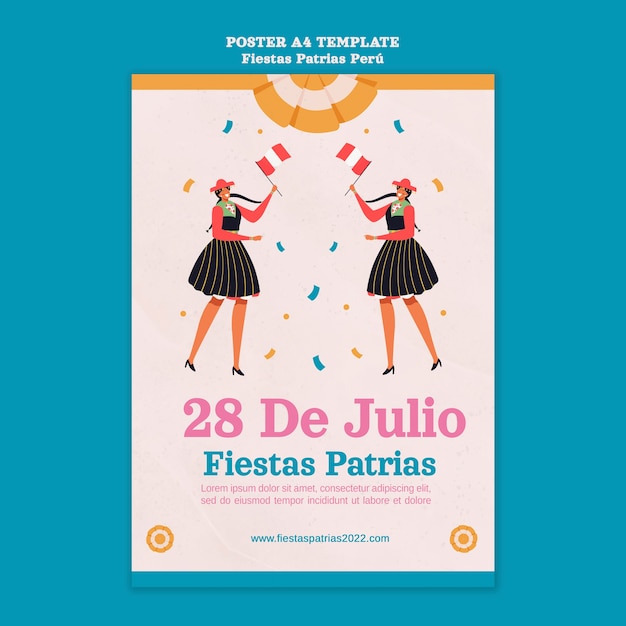 Plantilla de póster vertical de fiestas patrias con gente bailando y celebrando