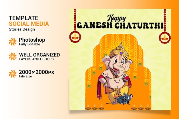 Plantilla de póster vertical PSD ganesha chaturthi con mandala y elefante