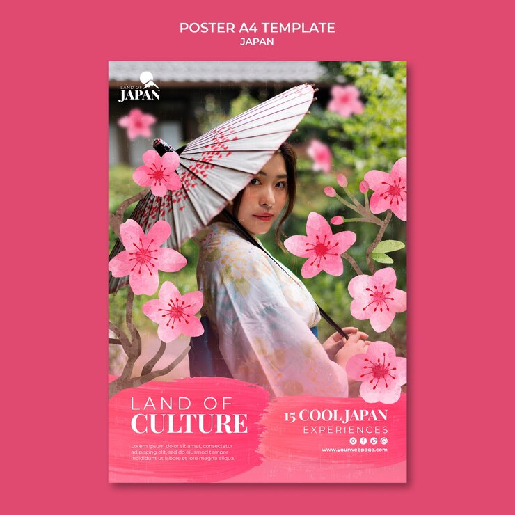PSD plantilla de póster vertical para viajar a japón con mujer y flor de cerezo