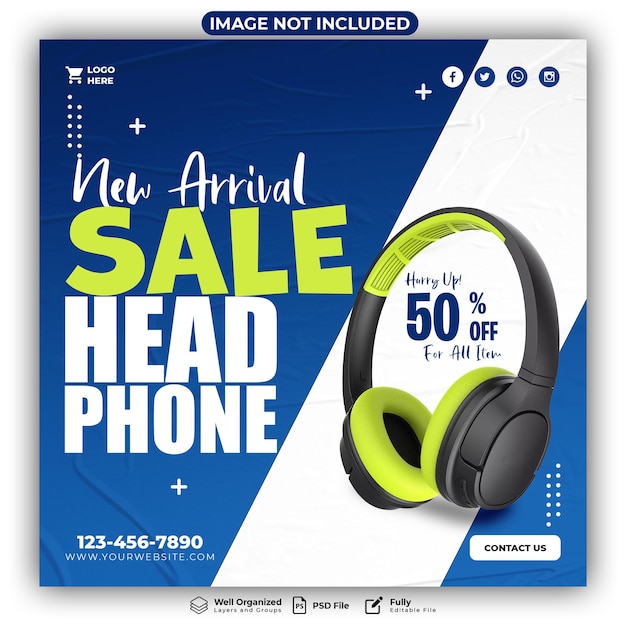 Plantilla de promoción de instagram de banner de venta de producto de publicación de redes sociales de auriculares