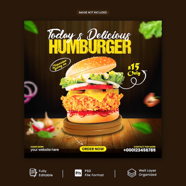 Plantilla de psd de banner cuadrado de promoción de publicación de redes sociales de deliciosa hamburguesa con multiusos