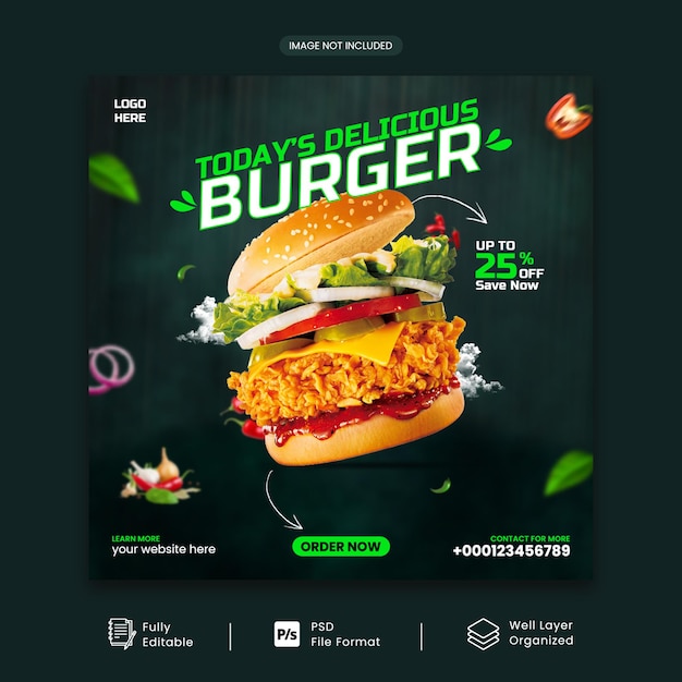 Plantilla de psd de banner cuadrado de promoción de publicación de redes sociales de deliciosa hamburguesa con multiusos