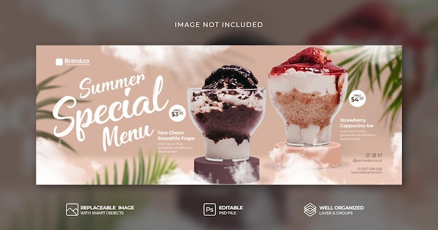 Plantilla psd de banner de portada de facebook de redes sociales de promoción de menú de helado de taro y fresa