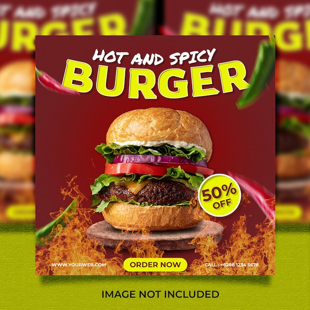 Plantilla PSD para comida de hamburguesa caliente y picante para redes sociales