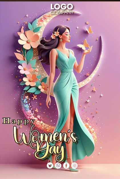plantilla de PSD Feliz Día de la Mujer cuerpo entero una mujer en un vestido rosa con mariposas y flores