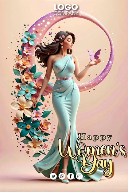 Plantilla de psd feliz día de la mujer cuerpo entero una mujer en un vestido rosa con mariposas y flores
