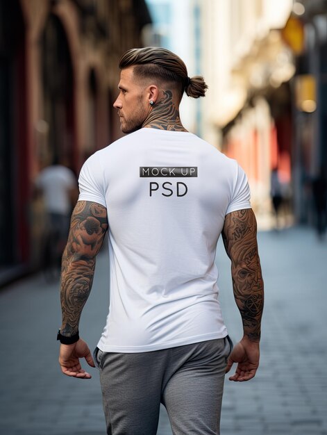 Plantilla psd hombres camiseta blanca maqueta vista posterior modelo atlético al aire libre en la calle generative al