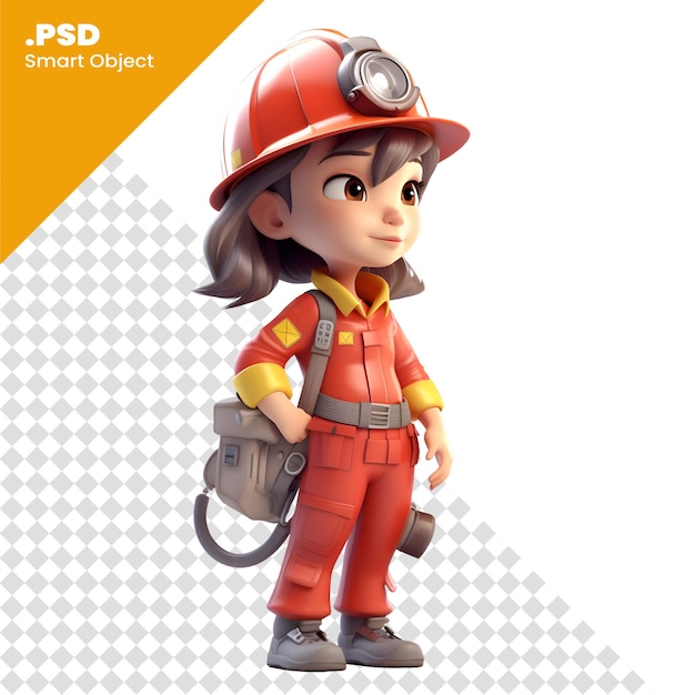 PSD plantilla psd ilustración 3d de una linda chica con un disfraz de bombero