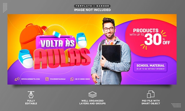 Plantilla psd de redes sociales en portugués para ventas de regreso a la escuela