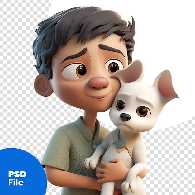 PSD plantilla psd de renderizado 3d de un niño pequeño abrazando a su perro cachorro