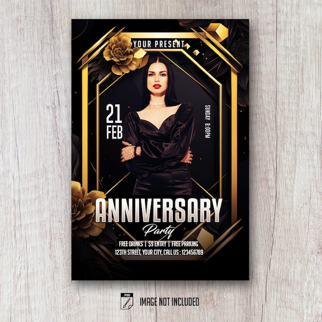 Plantilla PSD de volante de aniversario Estilo dorado negro Lowpoly Art Deco minimalista