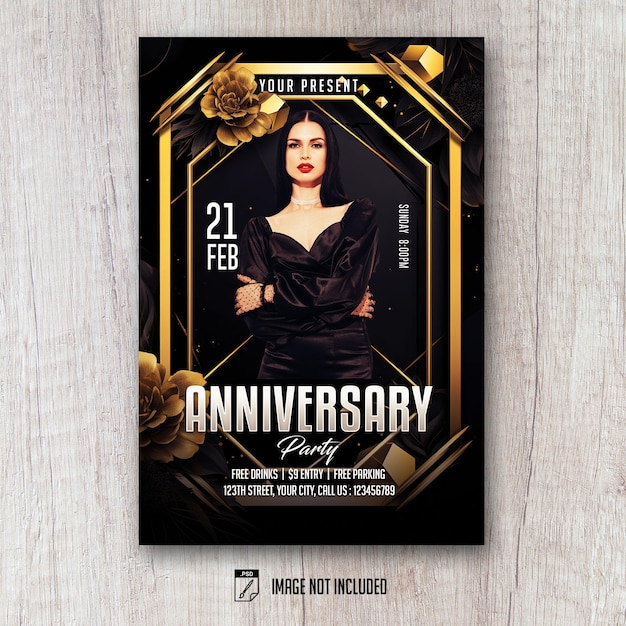 Plantilla psd de volante de aniversario estilo dorado negro lowpoly art deco minimalista