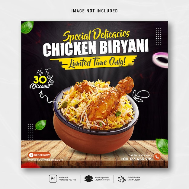 PSD plantilla de publicación de banner de redes sociales de comida biryani de pollo