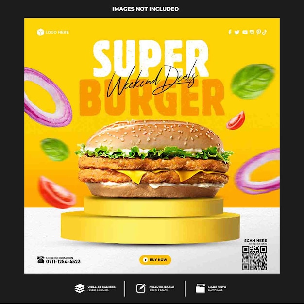 Plantilla de publicación de banner de redes sociales de hamburguesa deliciosa especial