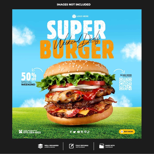 Plantilla de publicación de banner de redes sociales de hamburguesa deliciosa especial