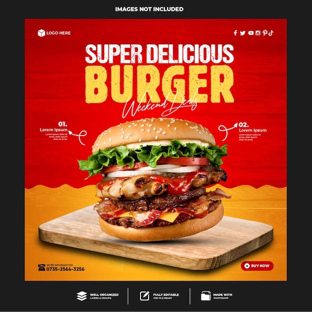 Plantilla de publicación de banner de redes sociales de hamburguesa deliciosa especial