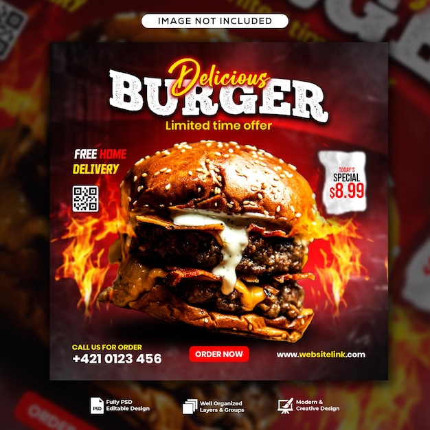 Plantilla de publicación de banner de redes sociales de hamburguesa deliciosa especial