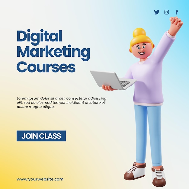 Plantilla de publicación de cursos de marketing digital con personaje de renderizado 3d que lleva una computadora portátil