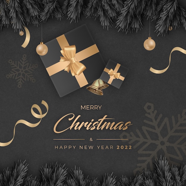 Plantilla de publicación de feliz Navidad y próspero año nuevo con regalos de amplificador de fondo oscuro