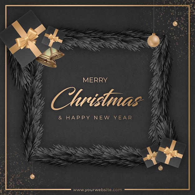 Plantilla de publicación de feliz Navidad y próspero año nuevo con regalos de amplificador de fondo oscuro